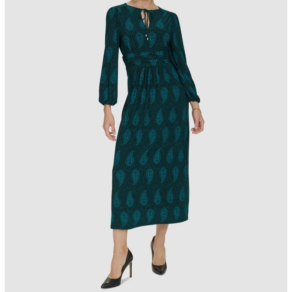New Tommy Hilfiger Women's Green Paisley Tie-Neck Ruched Waist Dress Size 10